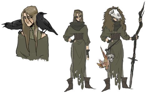 . Animal Tamer Character Design, Southern Gothic Dnd Character, Dnd Outlander, Swamp Witch Character Design, Hedge Witch Outfit, Holding Staff Pose Reference Drawing, Shaman Character Design, Cultist Character Design, Druid Character Design