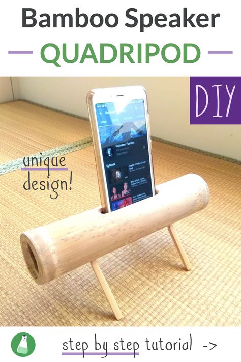 A bamboo acoustic speaker, with a smartphone inserted in it. The bamboo section is horizontal and stabilized by 4 pods. Bamboo Crafts Diy Simple, Homemade Speakers, Bamboo Projects, Bamboo Speaker, Bamboo Roof, Bamboo Diy, Bamboo Building, Outdoor Wood Projects, Speaker Projects