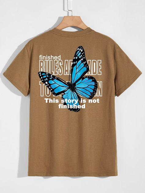 Brown Casual  Short Sleeve Polyester Animal,Slogan  Embellished Slight Stretch Summer Men Tops Graphic Tee Outfit Men, Typo Logo Design, Slogan Graphic Tee, Diy Clothes And Shoes, Graphic Tee Outfits, Logo Design Art, Butterfly Shirts, Butterfly Graphic, Blue Butterfly