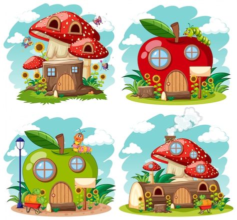 Fruit House Drawing, Fruit House Illustration, Grape House, Fantasy Fruit, Fruit House, Butterfly Fruit, Apple House, Rainbow Children, Tree Cartoon