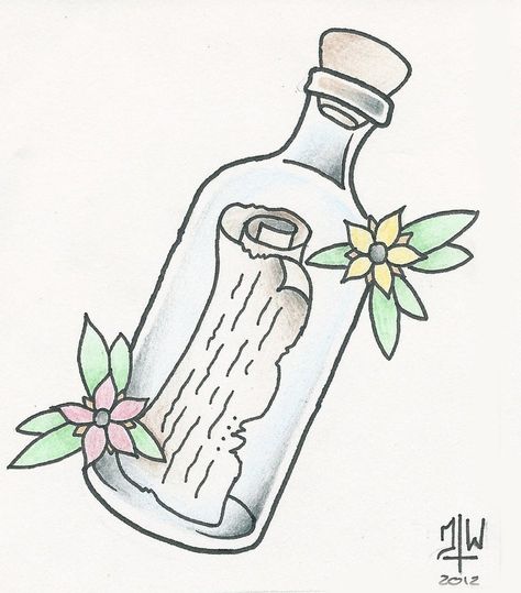 Message in a bottle Message In A Bottle Tattoo Traditional, Message In A Bottle Drawing, Bottle Tattoo Design, Message In A Bottle Tattoo, In A Bottle Drawing, In A Bottle Tattoo, Message In Bottle, Survivor Idea, Seal Tattoo