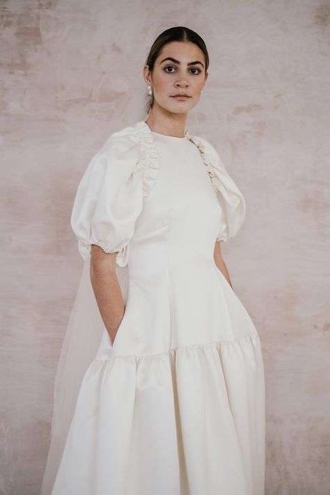 Puffed sleeved wedding dress with gathered skirt Fun Wedding Dress, Wedding Dress With Puff Sleeves, Gown With Puff Sleeves, Liverpool Design, Bridal 2024, Puff Sleeve Wedding Dress, Sleeved Wedding Dress, Contemporary Wedding Dress, Weddings Dress