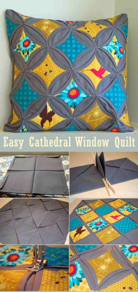 Easy Cathedral Window Quilt Tutorial Crazy Quilt Pillow, Mock Cathedral Window Quilt, Cathedral Quilt Block, Faux Cathedral Window Quilt Pattern, Cathedral Windows Quilt Pattern, Window Pane Quilt Pattern Free, Cathedral Windows Quilt, Cathedral Window Quilt Tutorial, Embroidery Quilts Ideas