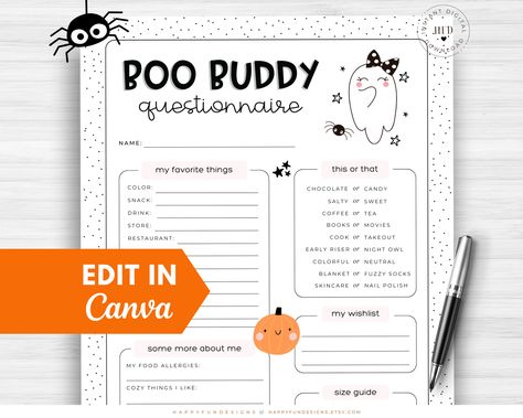 Editable Boo Buddy Questionnaire Printable, Boo Buddies, Youve Been Booed Halloween Office Game Gift Exchange All About Me My Favorite Thing Gift Questionnaire, Teacher Wishlist, Work Gift Exchange, Teacher Wish List, Boo And Buddy, Been Booed, Classroom Halloween Party, You've Been Booed, Buddy Gifts