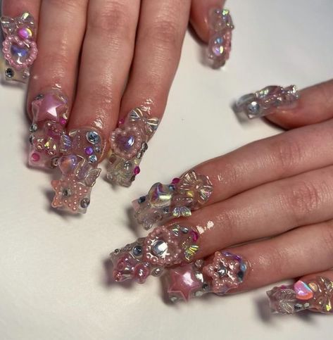 Junk Nails Aesthetic, Nails With Lots Of Charms, Nail Knowledge, Chunky Nails, Harajuku Nails, Tape Nail Art, Nail Piercing, Junk Nails, Cute Acrylic Nail Designs