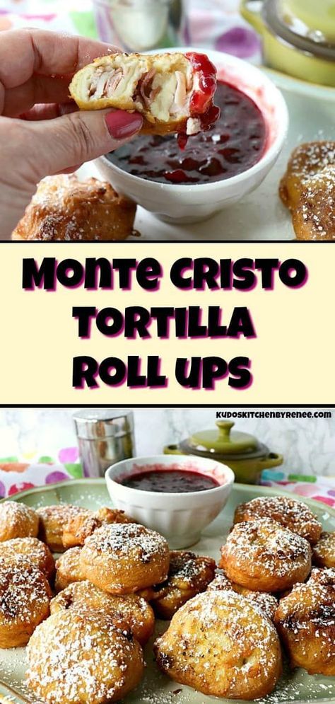 Monte Cristo Tortilla Rolls Ups are a fun new way to eat everyone's favorite fried, sweet and savory sandwich, only in appetizer form! #sandwich #fried #appetizer #montecristo #gameday #partyfood #pinwheel #rollups #tortillas #snacks #sweetandsavory #appetizers Monte Cristo Bites, Monte Cristo Pinwheels, Appetizer Night, Tortilla Rollups, Easy Dinner Desserts, Tortilla Rolls, Sandwich Ideas, Weekday Dinner, Roll Ups Tortilla