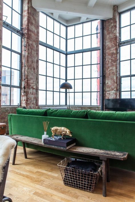 Heather's Eclectic, Little-Bit-Naughty, NYC-Style London Loft Green Couch Decor, Green Couches, Green Apartment, Loft Interior Design, Trendy Apartment, Green Couch, Eclectic Furniture, Loft Interiors, Green Furniture