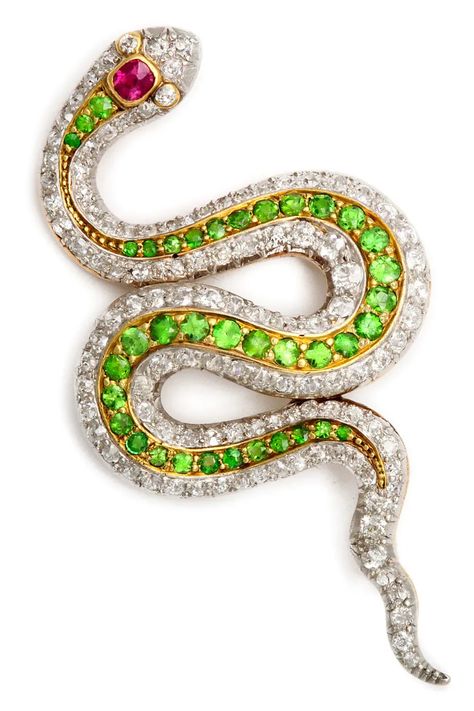 Victorian era snake brooch, American, circa 1900. From A La Vieille Russie. Snake Motif, Eclectic Closet, Snake Brooch, Serpent Jewelry, Snake Charmer, Demantoid Garnet, Snake Jewelry, A Snake, Antique Jewellery