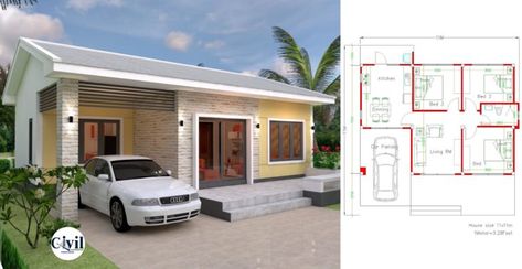 House Plans 3d, 3 Bedroom House Plans, Gable Roof House, Salon Simple, House Design Plans, House Plans 3 Bedroom, Simple House Design, Simple House Plans, Small House Design Plans