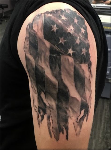 American flag Tattered Flag Tattoos For Men, American Flag Tattoos For Guys Shoulder, Tattered Flag Tattoo, We The People Tattoos, Usmc Tattoo Sleeve, American Flag Tattoo Design, We The People Tattoo, Flag Tattoos For Men, People Tattoos