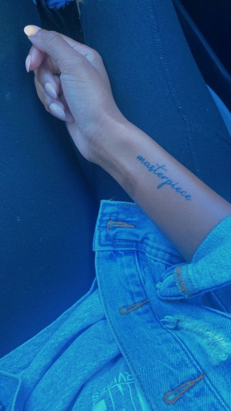 Two Small Tattoos, Masterpiece Word Tattoo, His Masterpiece Tattoo, Affirmation Tattoos For Black Women, Sayings For Tattoos Inspiration, Mariah The Scientist Tattoo Ideas, Masterpiece Tattoo The Word, Back Tattoo Ideas For Black Females, Keep Loving Tattoo