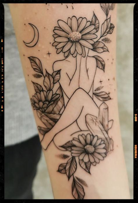 Lady With Flowers Tattoo, Woman Holding Flowers Tattoo, Woman Holding Earth Tattoo, Sunflower Lady Tattoo, Mental Health Tatoos Design, Selflove Tattoo Ideas, Flower Head Tattoo, Tatoos Design, Mental Health Tatoos