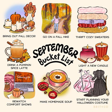 Brit + Co | Hello September ✨ Let the cool autumn breeze refresh your soul 🍁 Here's what's on our list for the month of September:⁠ ⁠ bring out fall… | Instagram September Bucket List, Fall Instagram, Cool Autumn, Autumn Breeze, Happy September, Fall Mood Board, Me Against The World, Hello September, Fun Fall Activities