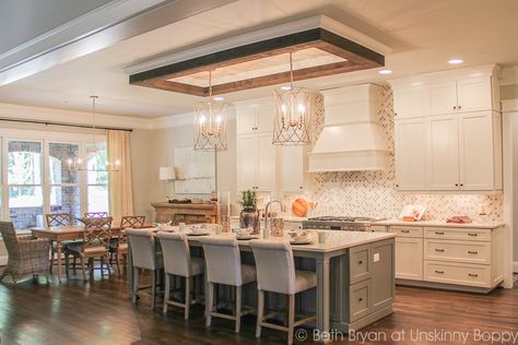 Five Home Decorating Trends from the 2015 Parade of Homes - Unskinny Boppy Wood Ceiling Over Kitchen Island, Kitchen Ceiling Treatments, Ceiling Design Over Kitchen Island, Tray Ceiling Above Kitchen Island, Long Ceiling Light Fixture, Tray Ceiling Over Kitchen Island, Hanging Lights Over Island, Kitchen Island Ceiling Ideas, Ceiling Above Kitchen Island