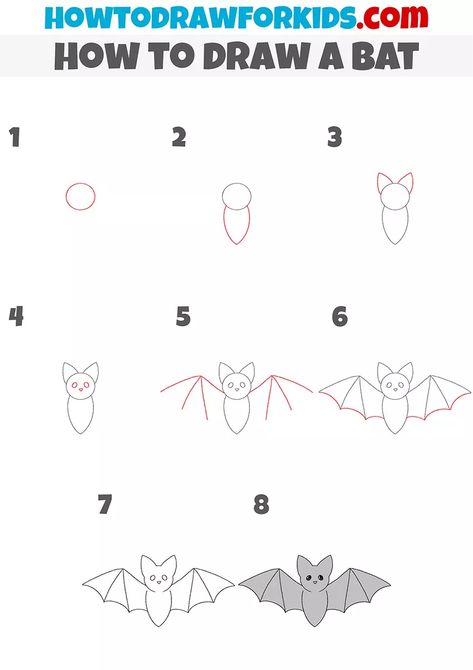 How to Draw a Bat Step by Step - Easy Drawing Tutorial For Kids Bat Directed Drawing For Kids, How To Draw A Bat Step By Step, How To Draw Bats, How To Draw A Bat, Insect Doodles, Sketching Prompts, Procreate Practice, Draw A Bat, Bat Outline