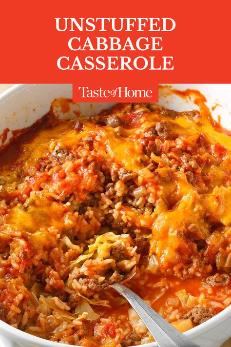 I received the recipe for this unstuffed cabbage casserole from a teacher at the preschool where I work. It's a nutritious and economical meal for busy families. —Judy Thorn, Mars, Pennsylvania #casserole #casserolerecipes #unstuffedcabbagecasserole #dinner #dinnerrecipes #recipes #foodies Hamburger And Cabbage Casserole, Golumpki Casserole, Halupki Casserole, Cabbage And Hamburger Recipes, Unstuffed Cabbage Casserole, Stuffed Cabbage Casserole, Cheap Casserole Recipes, Unstuffed Cabbage Rolls, Cabbage Casserole Recipes