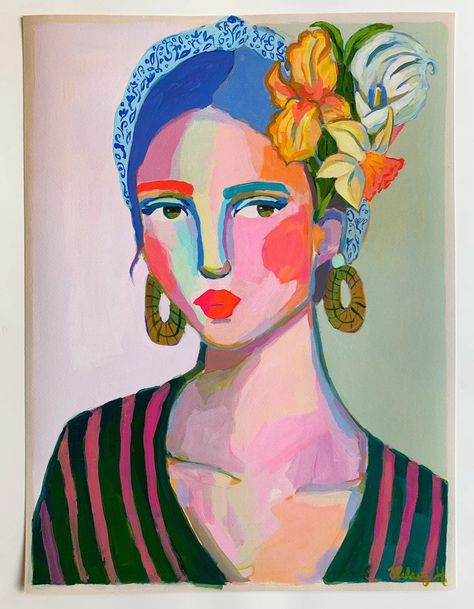 Kelsey Howard Art, Anya Brock, Expressive Portraits, Frida Style, Acrylic Portrait, Abstract Face Art, Garden Print, Art Et Illustration, Abstract Portrait