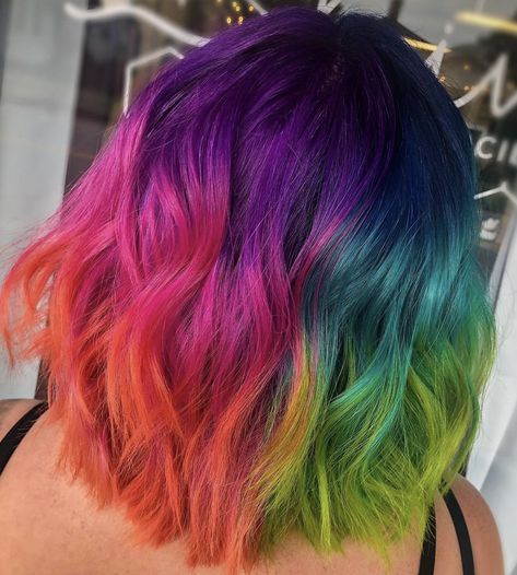 Rainbow Split Dye, Haircuts For Straight Fine Hair, Short Rainbow Hair, Split Dye, Hair Colour Design, Pulp Riot Hair Color, Split Dyed Hair, Hair Color Underneath, Vivid Hair Color