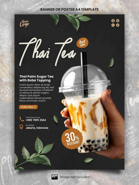 Boba Tea Poster, Poster Boba, Boba Poster, Tea Poster, A4 Template, Palm Sugar, Thai Tea, Boba Tea, Menu Restaurant