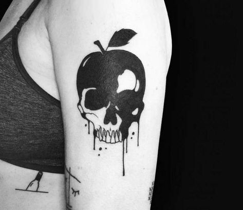 Apple Skull, Small Black Tattoos, Skull Apple, Skull Tattoo Designs, Apple Tattoo, Black Skull Tattoo, Skull Hand Tattoo, Black Tattoo Cover Up, Creepy Tattoos