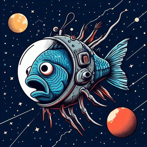 An artistic representation of a fish wearing a space helmet, swimming in the stars and galaxies of outer space. Imaginative Art, Space Helmet, Outer Space, The Universe, Art Pieces, Universe, Fish, Quick Saves, Art