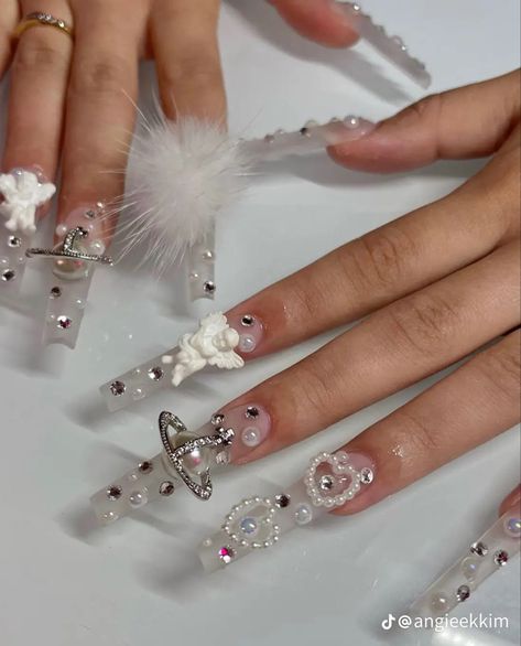 Clear Acrylic Nails With Charms, White Y2k Nails, Junk Nails, Angel Nails, Clear Acrylic Nails, Milky Nails, Long Acrylic Nails Coffin, Long Acrylic, Long Square Acrylic Nails