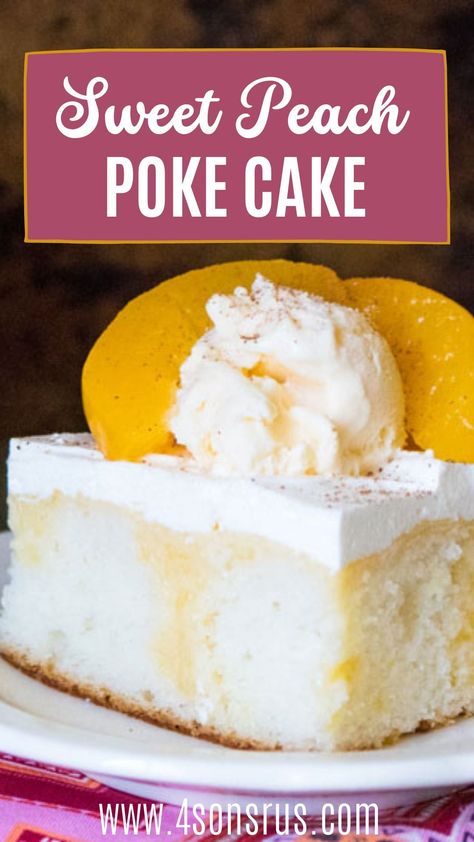 Peach Jello Cake, Peach Poke Cake Recipes, Peaches And Cream Poke Cake, White Cake Poke Cake Recipes, Peach Poke Cake, Vanilla Poke Cake Recipes, Hello Poke Cake, Poke Cake Recipes Condensed Milk, Poke Cake Recipes Jello