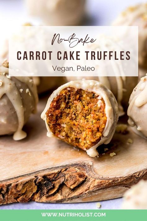 No-Bake Carrot Cake Truffles - Nutriholist No Bake Carrot Cake Truffles, No Bake Carrot Cake Bites, Carrot Cake Truffle Recipe, Carrot Cake Bliss Balls, Easter Gluten Free Desserts, Carrot Dessert Recipes, Carrot Cake Protein Balls, Healthy Truffles, Carrot Cake Truffles