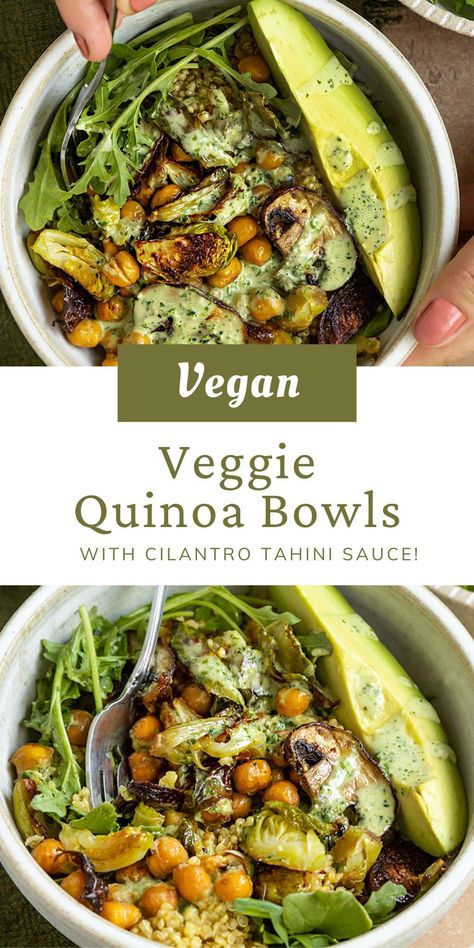 Brussel Sprouts Recipes Healthy, Vegetarian Salad Bowls, Healthy Rice Bowls Vegetarian, Vegan Tahini Bowl, Quinoa Vegan Bowl, Pesto Bowl Recipe, Vegan Macro Bowl, Mushroom Grain Bowl, Superfood Quinoa Bowl