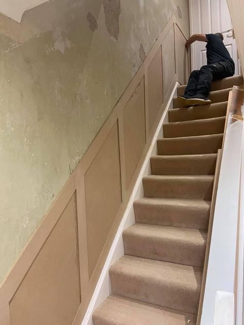 Wall Paneling Ideas Hallway Stairs, Hall Stairs And Landing Decor Panelling, Half Wall Panelling Stairs, Diy Stairs Panelling, Narrow Panelled Hallway, Stair Cladding Ideas, Wall Pannel Ideas Staircase, Panelled Walls On Stairs, Upstairs Panelling