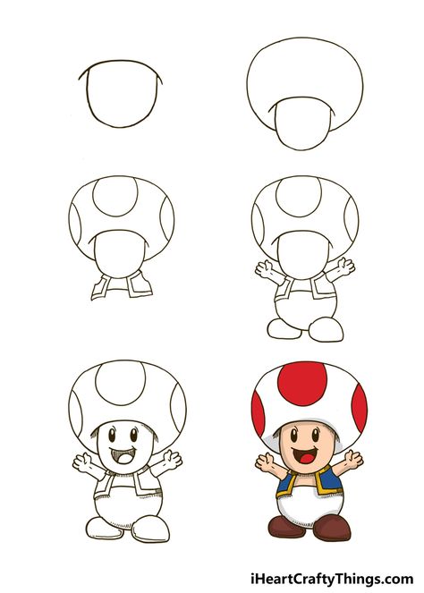 Super Mario Drawing Easy, Toad From Mario, How To Draw Mario, Body Outline, Fall Coloring Pages, Step By Step Painting, Seasonal Crafts, Reference Images, Step By Step Guide