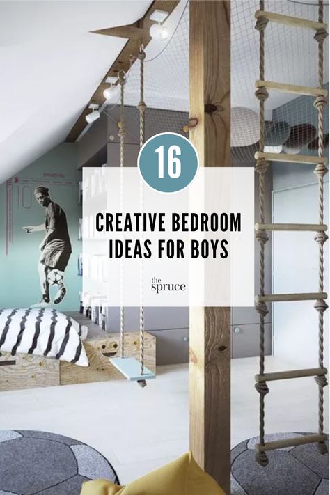 The best way to create a room your little boy will love is to focus on his interests. Go all out on a theme, or use elements of a theme for a bedroom that will carry him through high school. Here are 16 creative bedroom ideas for updating your little one's space. Teenage Son Bedroom Ideas, Grandson Bedroom Ideas, Big Kid Room Boy Bedrooms, Attic Boys Bedroom, Shared Boy Room Ideas, Loft Bedroom Ideas For Kids, Big Kid Bedroom Boy, Boys Space Room Ideas, Cool Kids Bedrooms For Boys