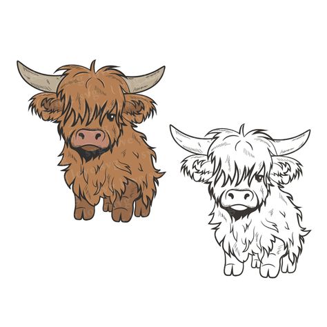 Cute Highland Cow Drawing, Cm Tattoo, Highland Cow Tattoo, Xmas Stickers, Cow Tattoo, Highland Cow Png, Cow Colour, Hoodies Stickers, Xmas Sticker