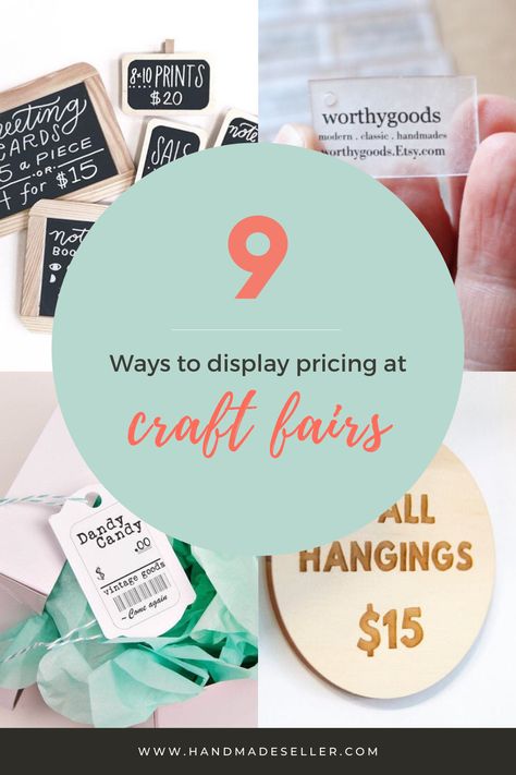 Looking for unique ways to setup your craft fair display? Make it easy (and fun) for people to find your product prices with these 9 creative ideas!  #display #craftfair #etsy #etsybusiness #sellingonetsy #pricing Cozy Vendor Booth, Craft Fair Giveaway Ideas, Craft Fair Cricut Ideas To Sell, Price Tag Ideas Craft Fairs, How To Display Prices At A Craft Fair, Craft Fair Price Tags, Coaster Display Ideas Craft Fairs, Price Display Ideas Craft Fairs, Bracelet Display Ideas Craft Fairs