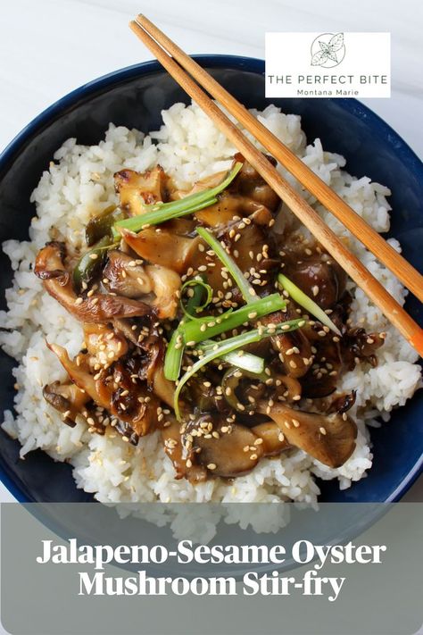 A navy blue bowl is filled with rice, topped with mushroom stir fry. Slices of green onion and sesame seeds sit on top of the stir fry, and chopsticks lay over the side of the bowl. Mushroom Oyster, Mushroom Fried Rice, Oyster Mushroom Recipe, Mushroom Stir Fry, Mushroom Rice, Oyster Recipes, Oyster Mushroom, Oyster Mushrooms, Tasty Vegetarian Recipes