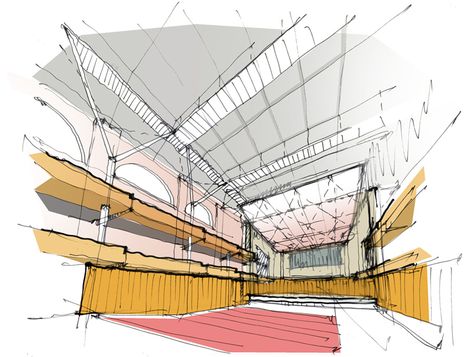 Auditorium concept Exhibition Design Sketches, Theater Design Architecture, Auditorium Plan, Architect Inspiration, Auditorium Design, Theatre Building, Theater Architecture, Conceptual Sketches, Architecture Drawing Sketchbooks