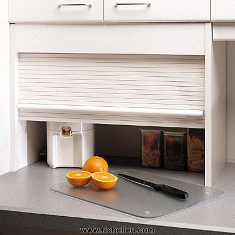 Tambour Unit - 274300E - Richelieu Hardware Kitchen Function, Window Shutters Diy, Wood Tambour, Shutters Diy, Kitchen Beach House, Roller Door, Tambour Door, Shutter Designs, Appliance Garage