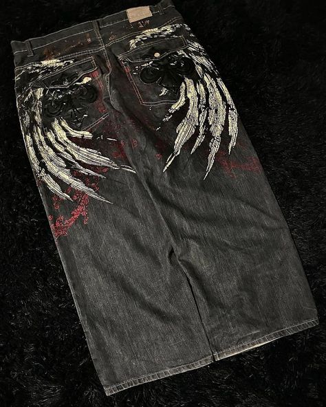 Y2K Baggy Vintage Jeans New Harajuku Hip Hop Oversize Wing Graphic Printing Jeans Denim PantsGothic Thrift Manifest, Wing Graphic, Black Baggy Jeans, Emo Clothes, Red Joggers, Vintage Hip Hop, Style Gothic, Pants Fabric, Jean Vintage