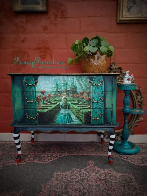 World of Furniture Transfers, Decoupage, Stencils, Stamps and Moulds | Lost in wonderland is finished....loved to work on this piece... | Facebook Decoupage Shelf Ideas, Lost In Wonderland, Furniture Transfers, Shelf Ideas, Work On, To Work, Decoupage, Stamp, Lost