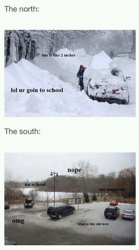 Snow days north vs south. As a military family, we have lived everywhere from Alaska to South Carolina, lived in numerous climates of the USA, and this made me chuckle.  This is just for fun and humor. *All ugly and derogatory comments will be deleted by me!* northern humor, souther humor, snow days North Vs South, Funny Aussie, Noot Noot, The Meta Picture, Funny Af, Snow Days, Hee Hee, Random Memes, Funny Bunnies