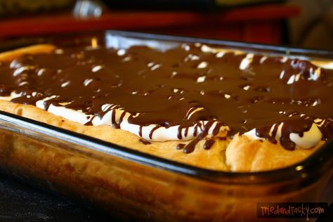 Eclair Torte Eclair Torte, Eclair Cake, Stick Butter, Sauce Pan, Chocolate Syrup, Cake With Cream Cheese, Vanilla Pudding, Great Desserts, Pastry Cake