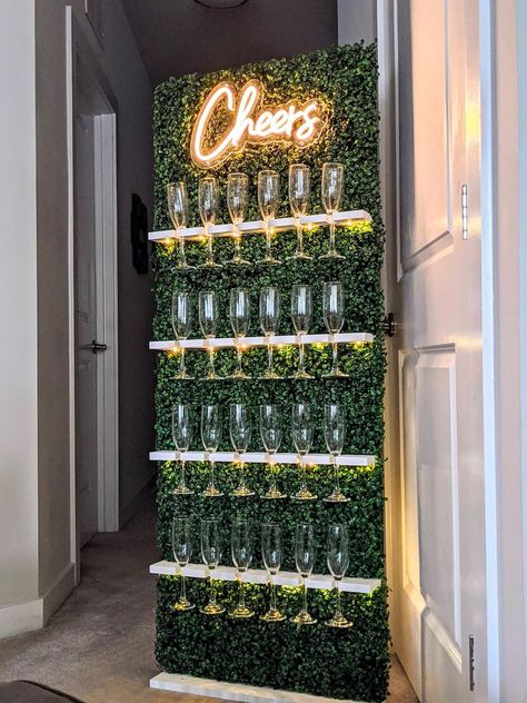 Wall With Neon Sign, Wedding Prosecco, Champagne Glass Holder, Champagne Display, Shelf Lights, Cheers Sign, Party Rental Ideas, Boxwood Backdrop, Champagne Birthday