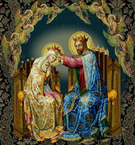 a grey haired Virgin Mary being crowned Queen of heaven and earth by her grown son, Jesus Christ. Rosary Novena, Hail Holy Queen, Pope Pius Xii, Blessed Mary, Queen Of Heaven, Christ The King, Blessed Mother Mary, The Virgin Mary, Sainte Marie