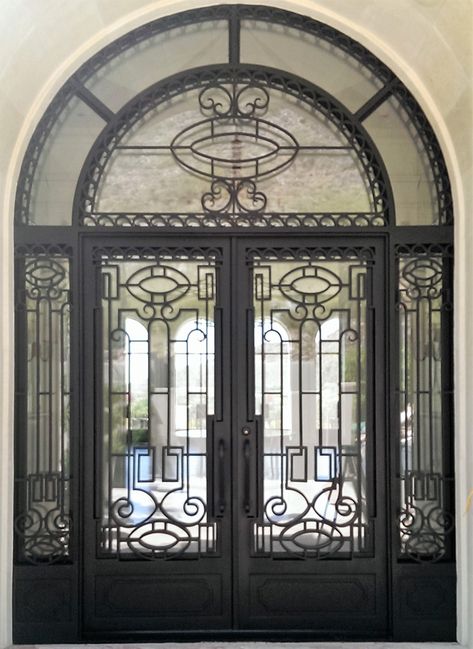 Entry Double Doors, Entry Doors With Sidelights, Double Iron Doors, Double Entry Door, Doors With Sidelights, Iron Ideas, Door Sidelights, Entry Door With Sidelights, Iron Front Door