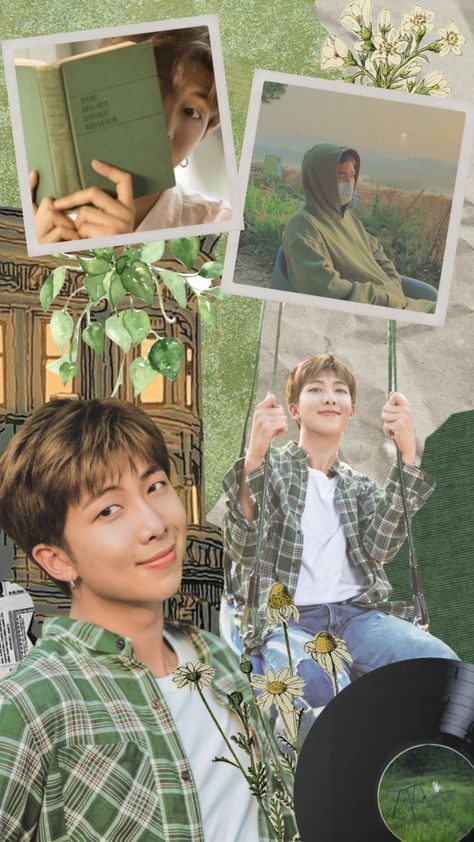 #bts #btsrm #green #plants Rm Collage Wallpaper, Rm Collage Aesthetic, Rm Collage, Namjoon Wallpaper, Bts Kim, Iphone App Design, Binder Covers, Kawaii Wallpaper, Just Video