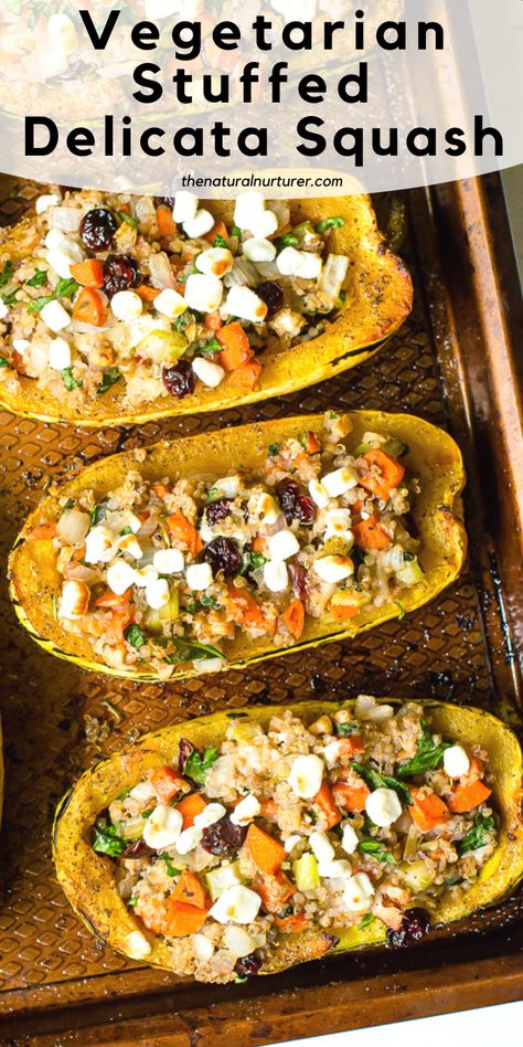 Stuffed Delicata Squash Recipe Vegetarian, Stuffed Squash Recipes Vegetarian, Stuffed Delicata Squash Recipe, Stuffed Delicata Squash, Family Meal Planning Healthy, Natural Nurturer, Delicata Squash Recipe, Fluffy Quinoa, Sautéed Veggies