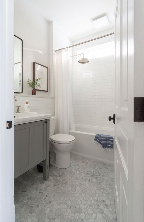 Bathroom Gray Shower Tile, Tub Shower Combo Remodel Small Baths, Small Full Bathroom Ideas With Tub, Bathtub Shower Combo Remodel, Bathroom Remodel Bathtub, Pine Bathroom, Remodel Bathtub, Small Bathroom With Tub, Bathroom Tub Shower Combo