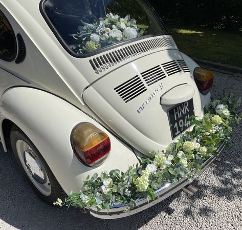 Wedding Car Flowers, Volkswagen Wedding, Beetle Wedding Car, Yellow Wedding Theme, Wedding Tokens, Wedding Entourage, Bug Car, Wedding Car Decorations, Wedding Send Off