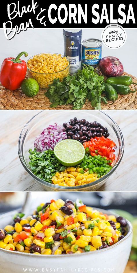 This black bean and corn salsa is the most appetizing dip for any party! It has a light crunch with fresh veggies and flavors that make for a savory taste. This appetizer recipe is so easy and can be served with just about anything, but it delicious over chips (as pictured) or eaten alone. When served with grilled chicken or pork, it makes for a deliciously easy dinner recipe for the family, every time you make it. These are also great, healthy snack options for the kids or an at-home salad. Black Bean Corn Salsa Recipe, Corn Salsa Dip, Red Salsa Recipe, Black Bean Salsa Recipe, Bean Salsa Recipe, Salsa Easy, Black Bean And Corn Salsa, Corn Bean Salsa, Creative Dishes