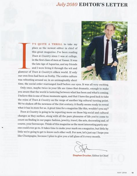 The text in this page is off centered, but is balanced through the placement of the editors picture. The drop cap is very formal but provides a personality statement in the opening of his letter. There is consistent use of orange in the date, the opening sentence and his name, this color unites these elements. This layout has lots of space left, as the paragraph could start level with the picture, or continue to the align with the far right of the picture. Editor's Note Magazine, Editors Letter, Editors Note, Magazine Design Cover, Editorial Layouts, Magazine Layout Inspiration, Fashion Magazine Layout, Magazine Editor, Magazine Layouts